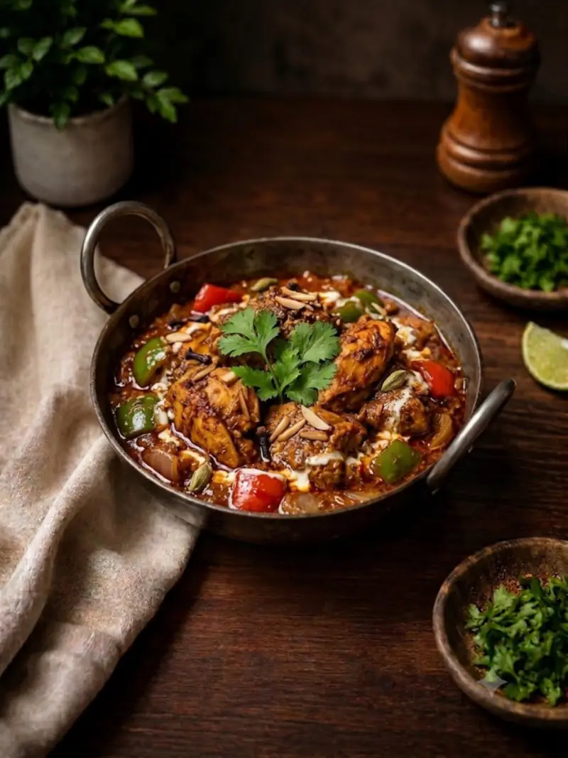 Kadhai chicken with bell peppers and onions, cooked without cream