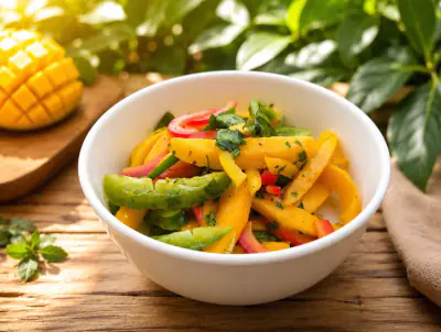 Mango Oasis Salad in a white bowl